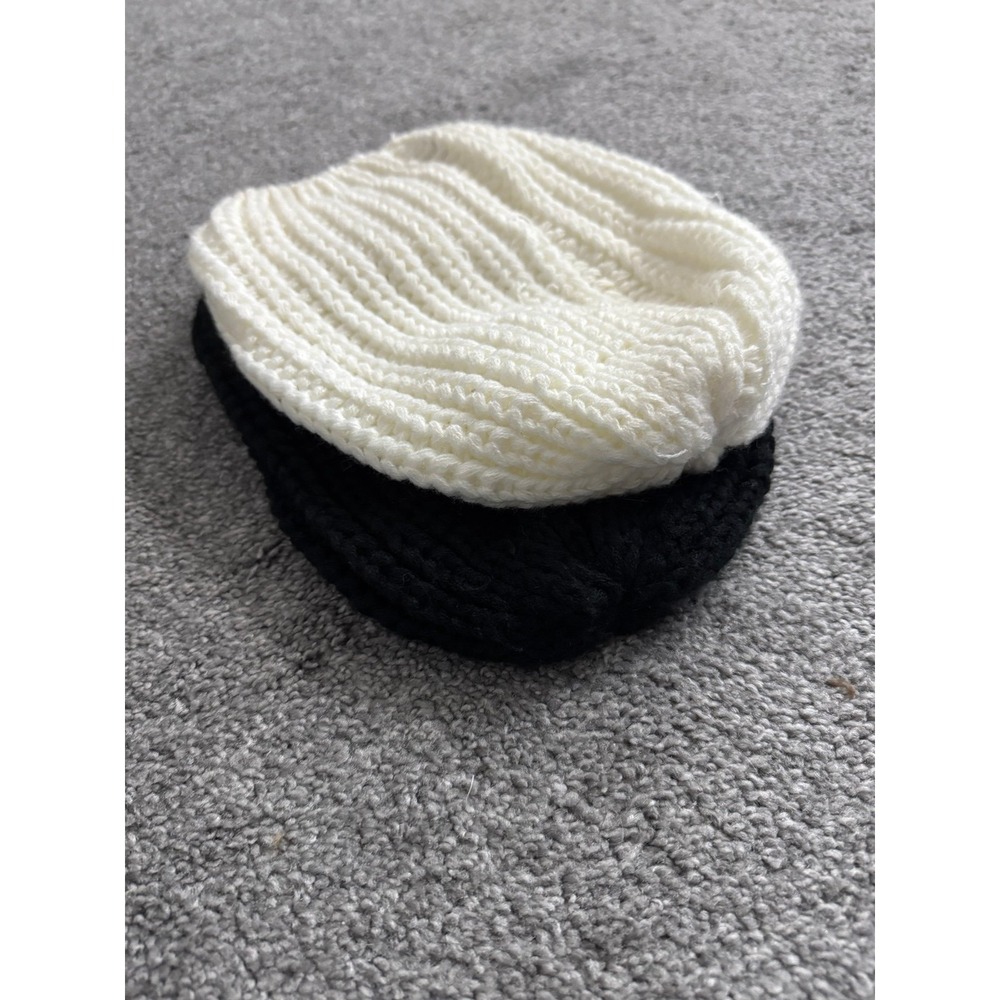 Winter Knit Hat Bundle Black Cream Ribbed Beanie Slouchy Hats Set of 2